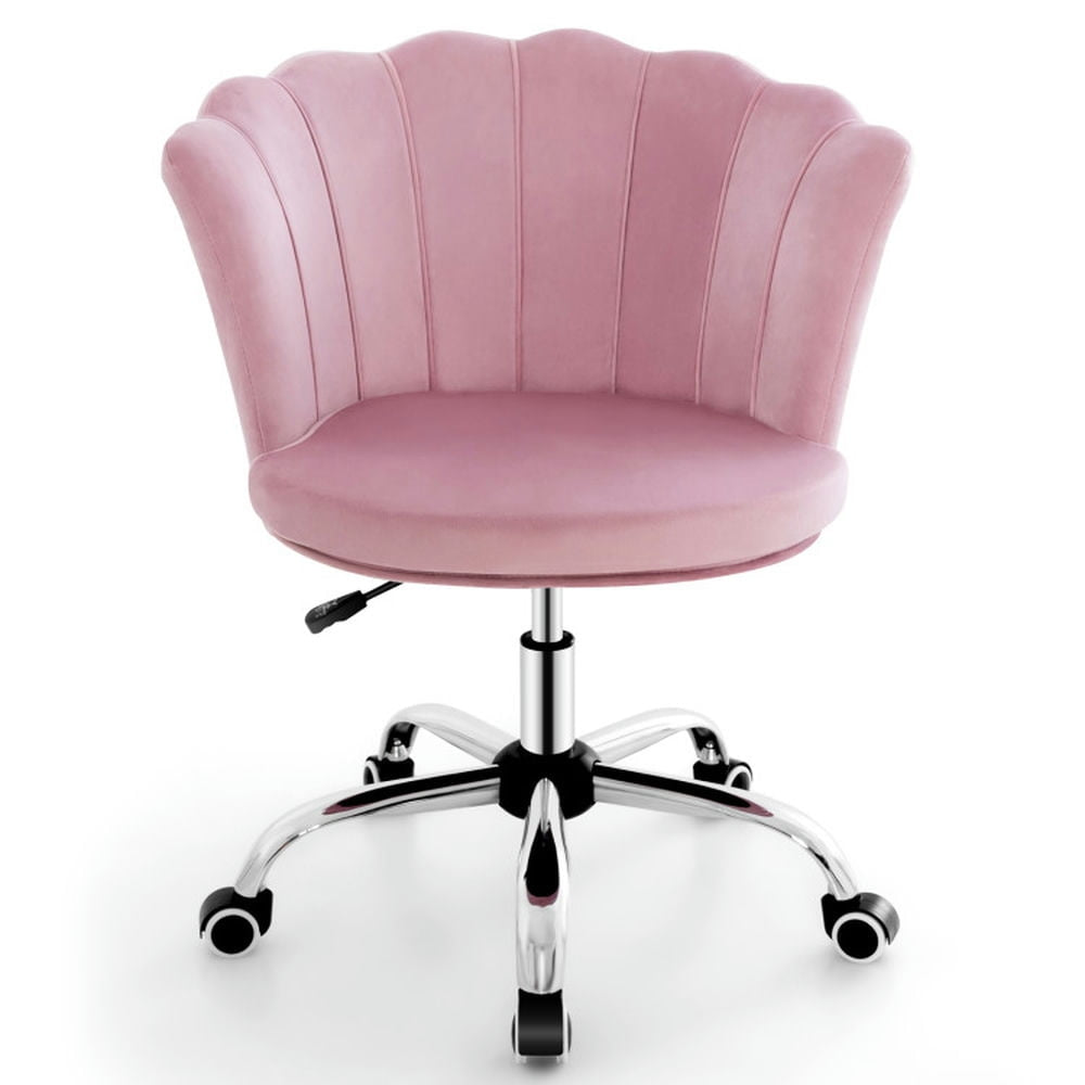 Hommoo Adjustable Vanity Velvet Chair with Seashell Back and Wheels-Pink, Home Office Computer Desk Chair Image 1