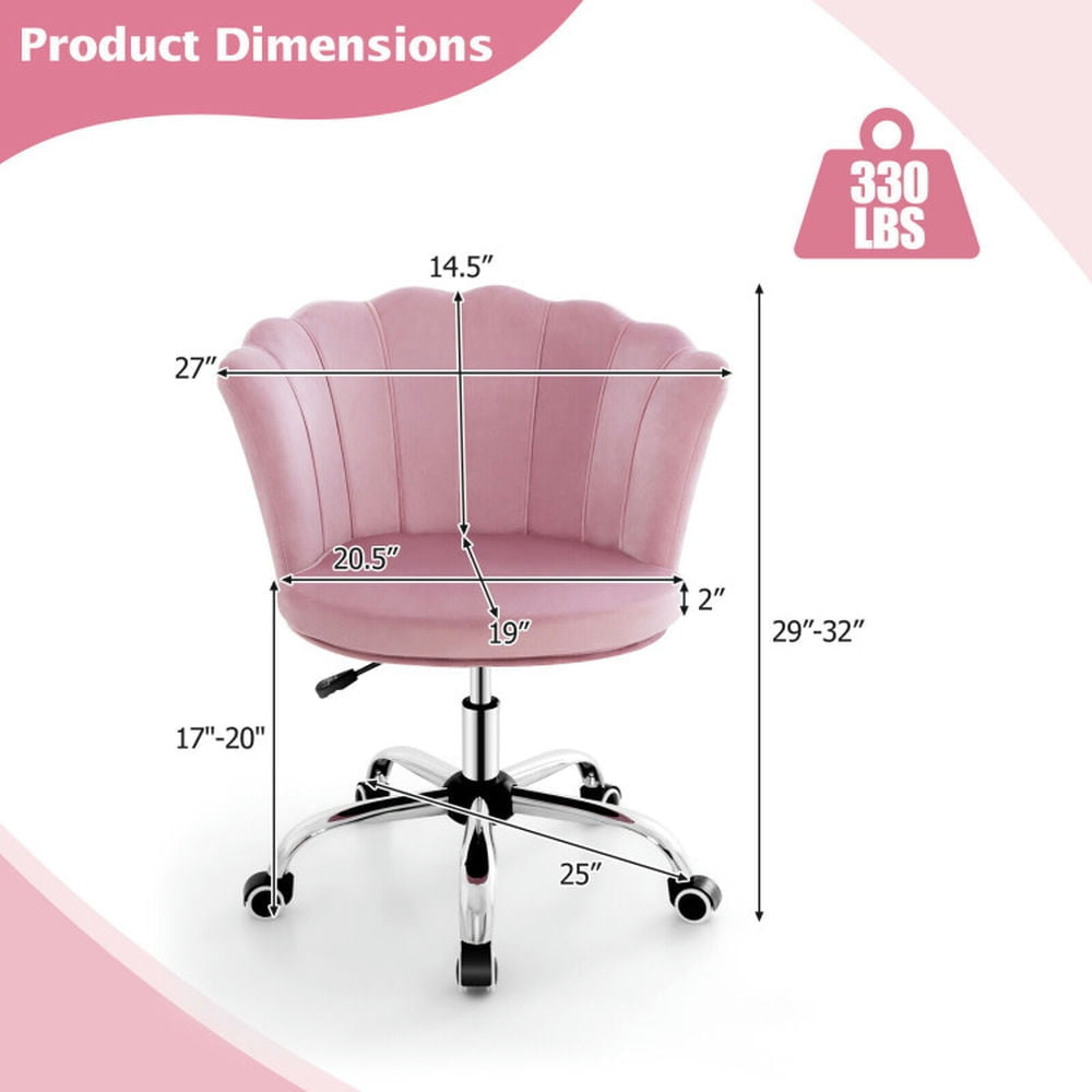 Hommoo Adjustable Vanity Velvet Chair with Seashell Back and Wheels-Pink, Home Office Computer Desk Chair Image 3