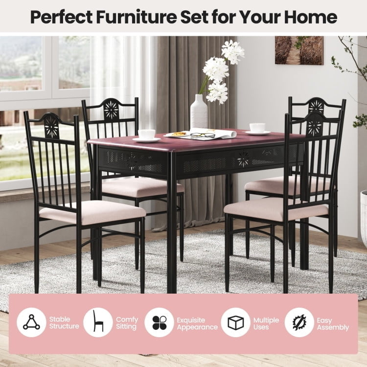 Hommoo Dining Room Table Set,Dining Table Set,5 Pcs Dining Set Wood Metal Table and 4 Chairs with Cushions Image 3