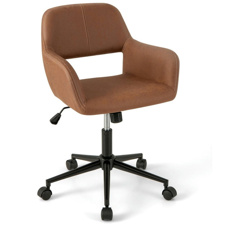 Hommoo Mid Century Office Chair Faux Leather with Armrests-Brown, Home Office Computer Desk Chair, Small Office Chair Image 1