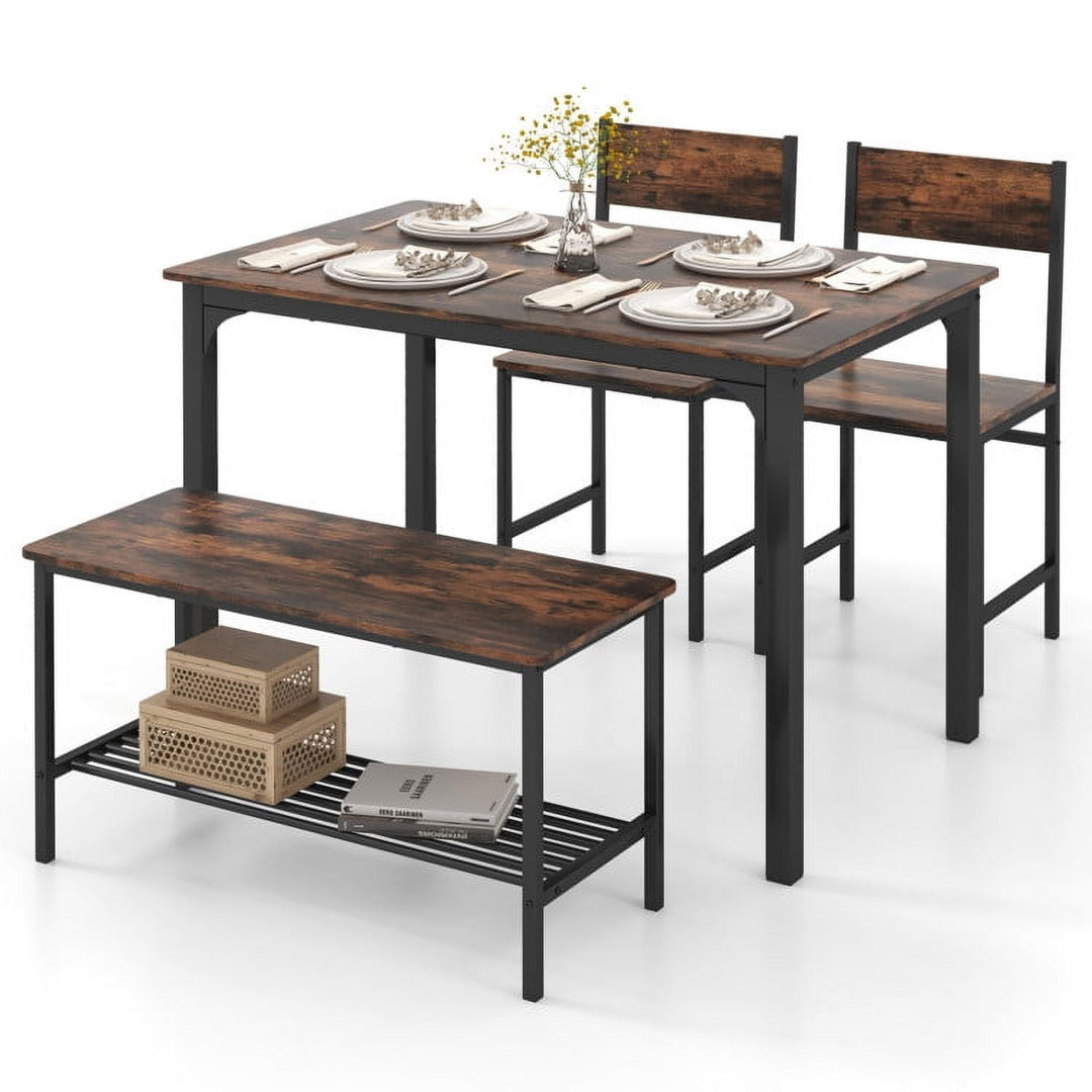 Hommoo Dining Room Table Set,Dining Table Set,4 Pieces Rustic Dining Table Set with 2 Chairs and Bench-Rustic Brown Image 1