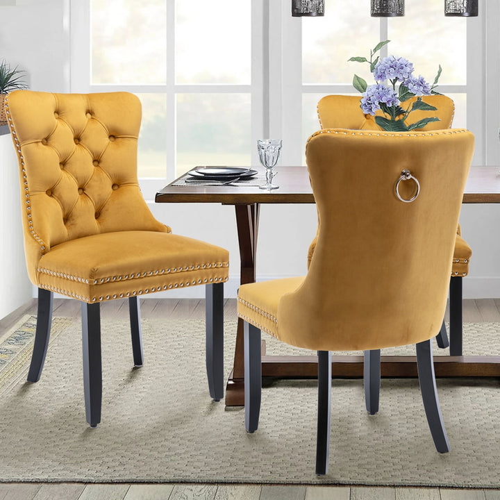 Hommoo Upholstered Tufted Dining Chairs Set of 2 with Nail Head Decor, Yellow Velvet Fabric Image 1