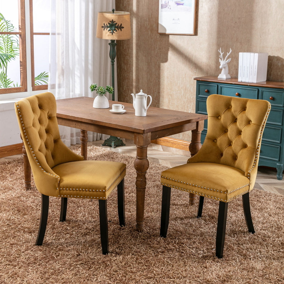 Hommoo Upholstered Tufted Dining Chairs Set of 2 with Nail Head Decor, Yellow Velvet Fabric Image 4