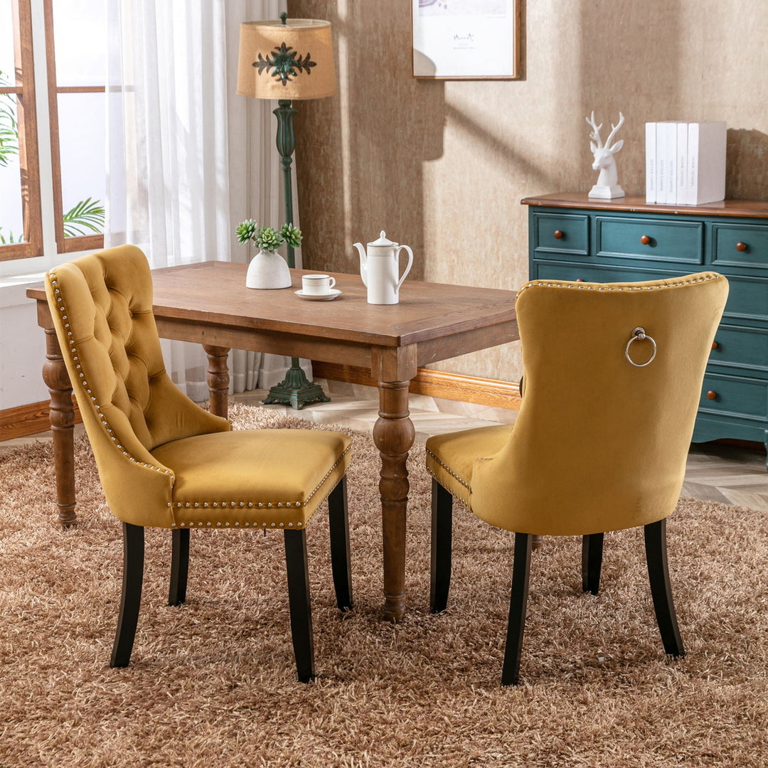 Hommoo Upholstered Tufted Dining Chairs Set of 2 with Nail Head Decor, Yellow Velvet Fabric Image 6