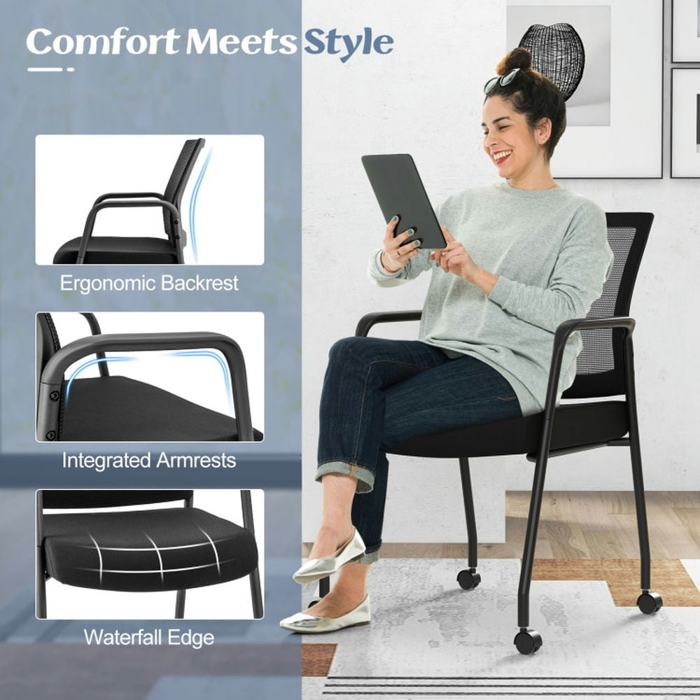 Hommoo Office Guest Chairs,Modern Reception Chair,2 Pieces Office Guest Chairs on Wheels with Metal Frame and Image 2