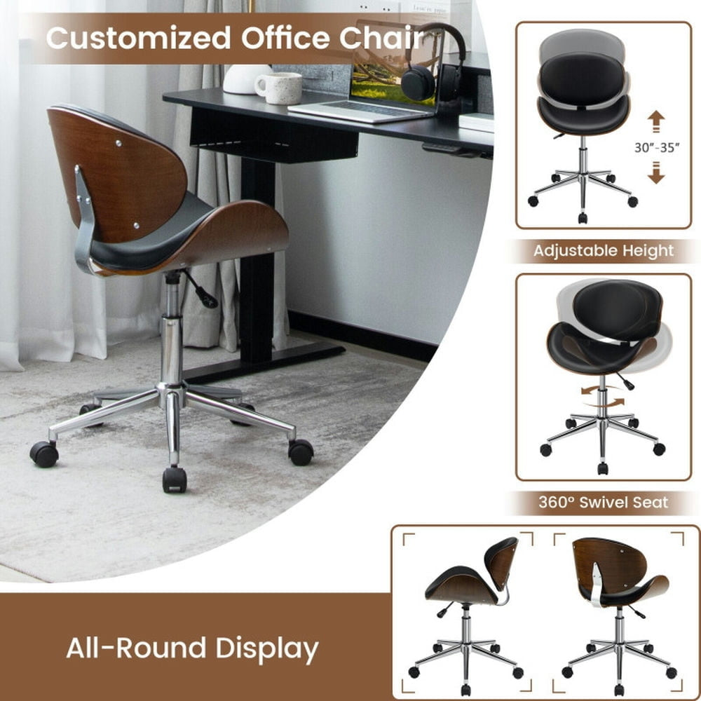 Hommoo Adjustable Leather Office Chair Swivel Bentwood Desk Chair with Curved Seat-Black, Home Office Computer Desk Image 2