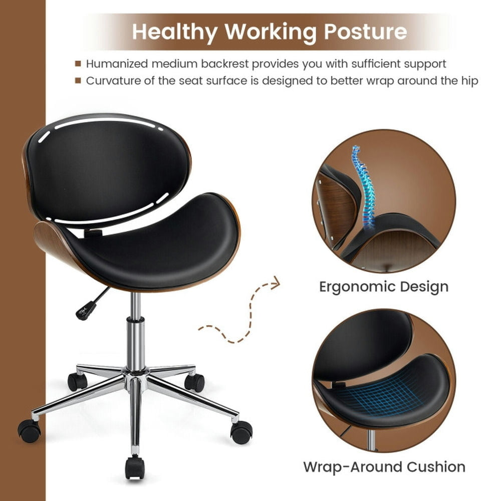 Hommoo Adjustable Leather Office Chair Swivel Bentwood Desk Chair with Curved Seat-Black, Home Office Computer Desk Image 3