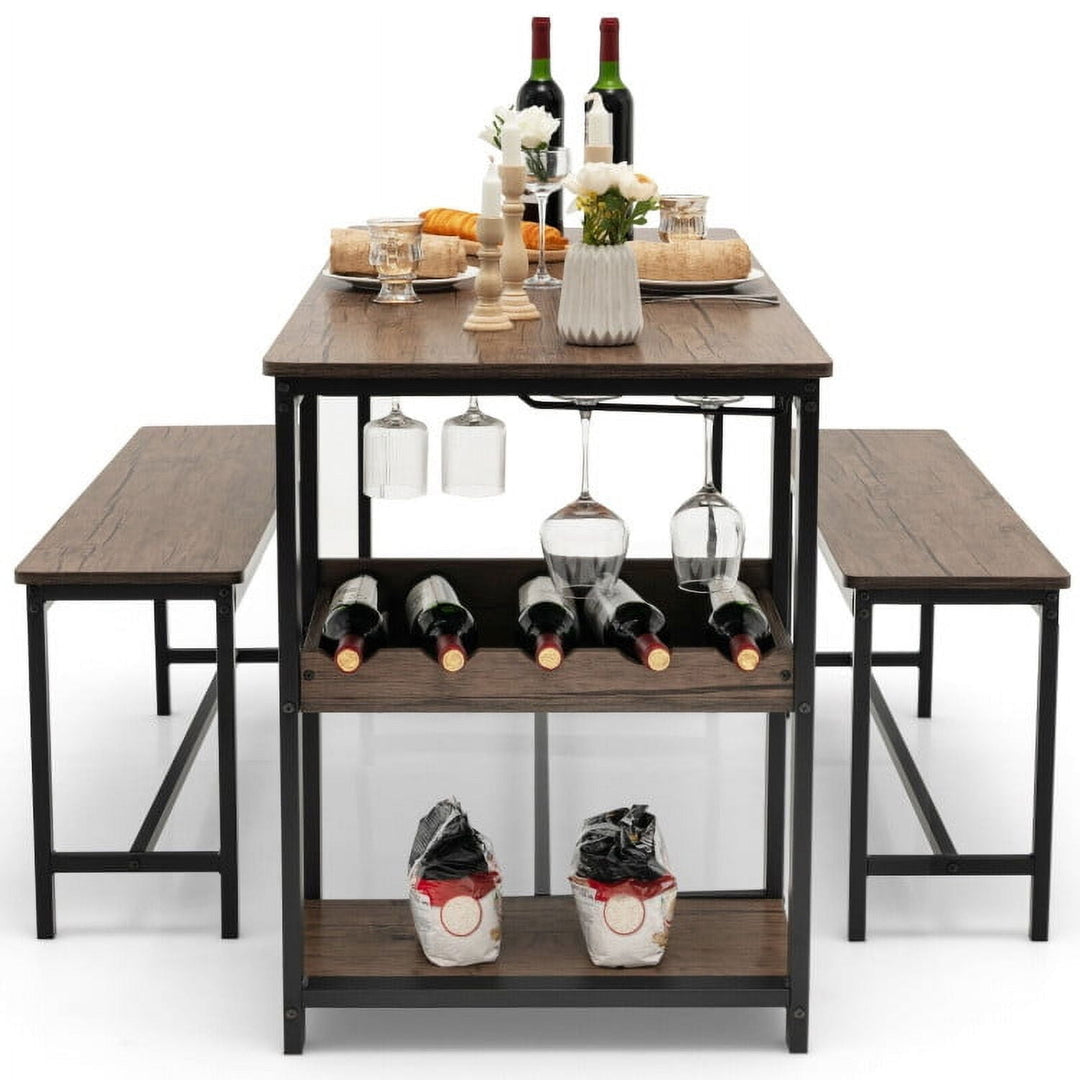 Hommoo Dining Room Table Set,Dining Table Set,3 Pieces Dining Table Set for 4 with Wine Rack-Brown Image 1