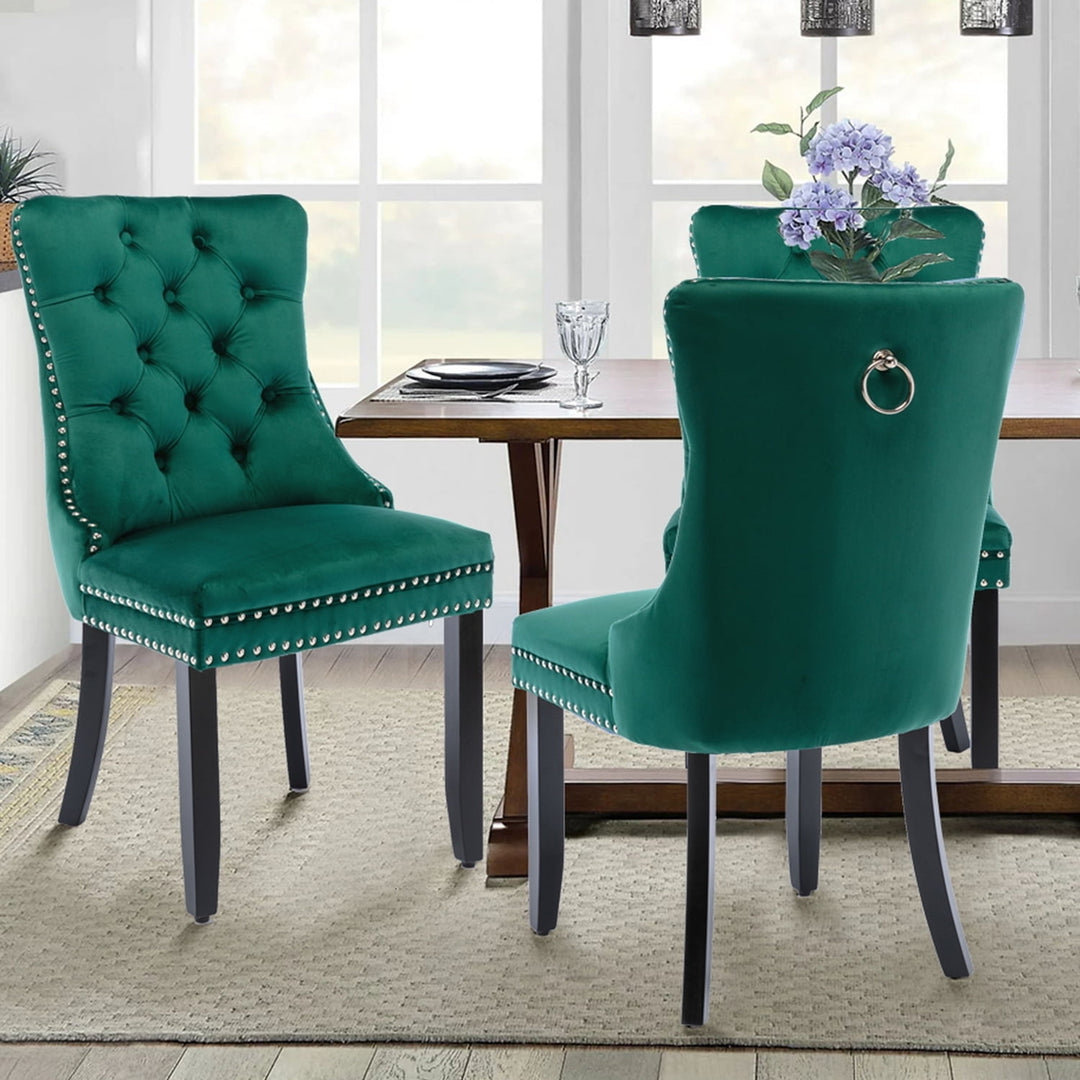 Hommoo Upholstered Tufted Dining Chairs Set of 2 with Nail Head Decor, Green Velvet Fabric Image 1