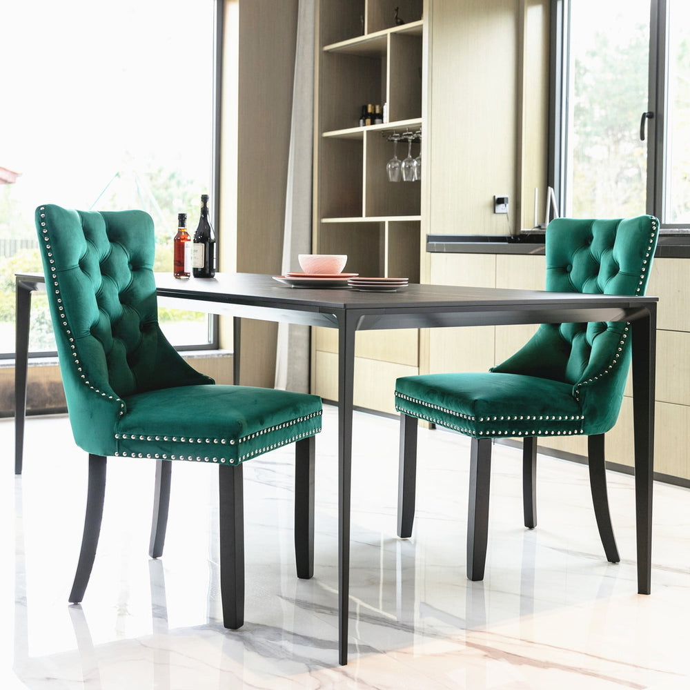 Hommoo Upholstered Tufted Dining Chairs Set of 2 with Nail Head Decor, Green Velvet Fabric Image 2