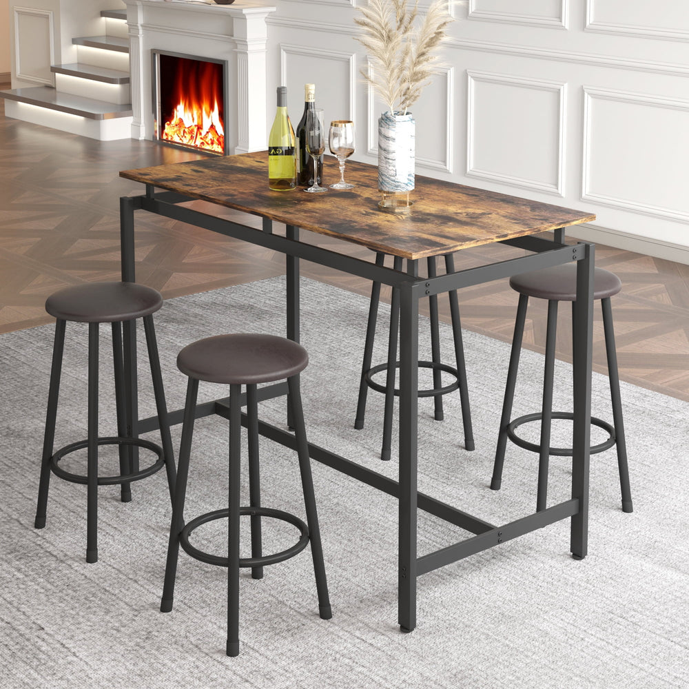 Hommoo Industrial Bar Table and Chairs Set, 5 Pieces Dining Table Set for Home Kitchen, Brown Image 2