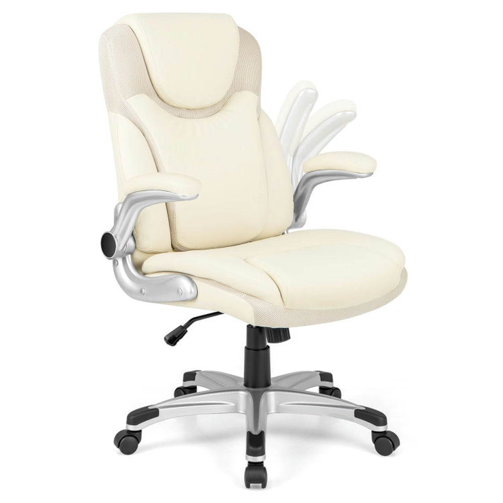 Hommoo Ergonomic Office PU Leather Executive Chair with Flip-up Armrests and Rocking Function-White, Home Office Image 1