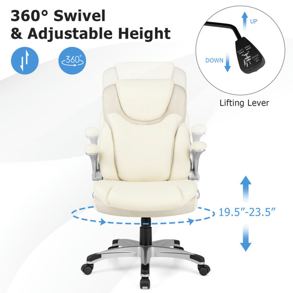 Hommoo Ergonomic Office PU Leather Executive Chair with Flip-up Armrests and Rocking Function-White, Home Office Image 2