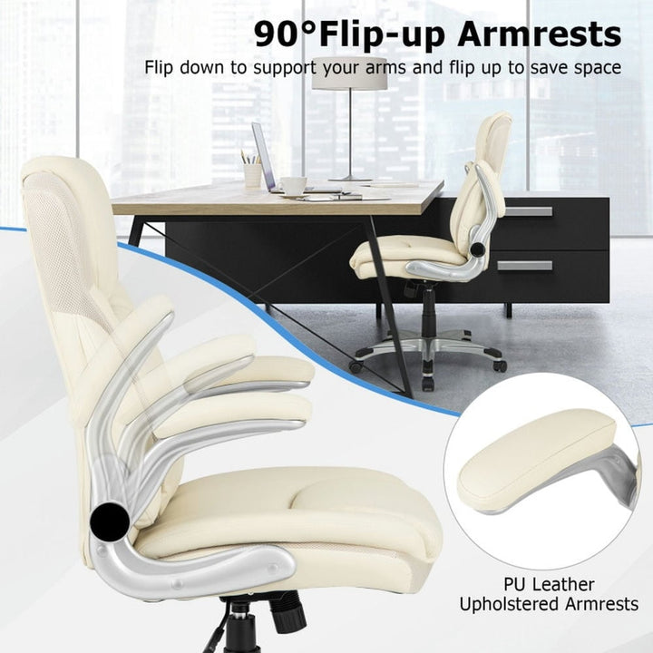 Hommoo Ergonomic Office PU Leather Executive Chair with Flip-up Armrests and Rocking Function-White, Home Office Image 5