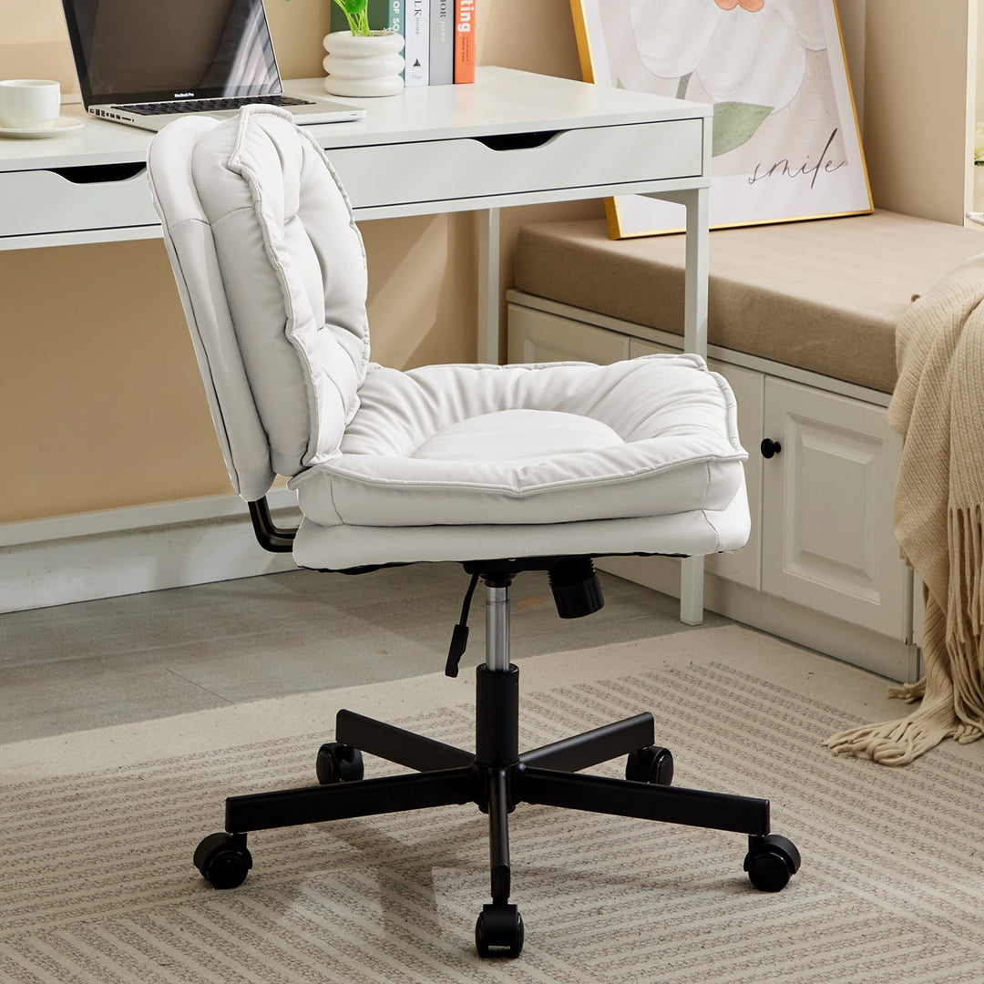 Hommoo Armless-Office Desk Chair with Wheels: PU Leather Cross Legged Wide Chair,Comfortable Adjustable Swivel Computer Image 3