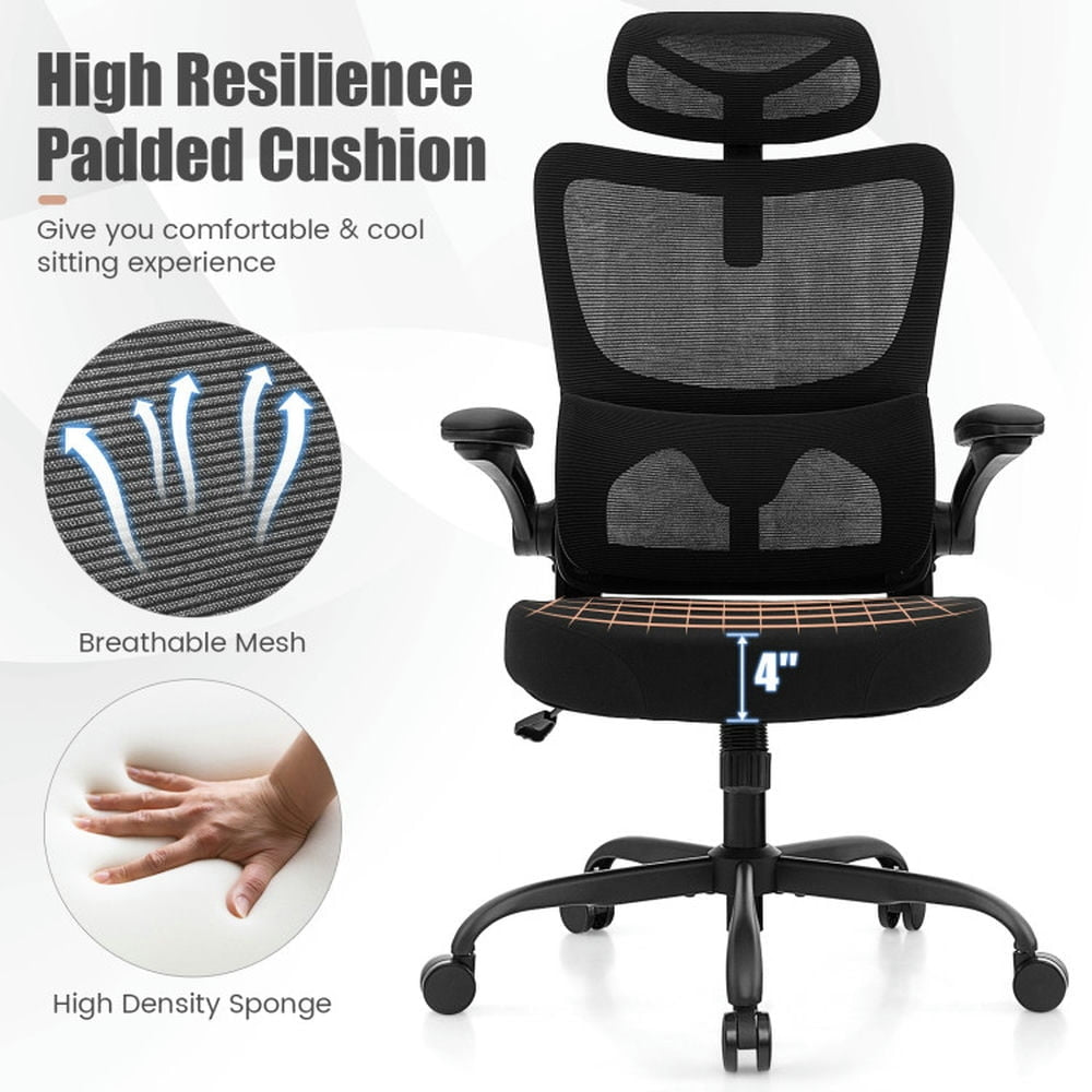 Hommoo Mesh Office Chair with Adaptive Lumbar Support Flip-up Armrests Reclining Backrest-Black, Home Office Computer Image 2