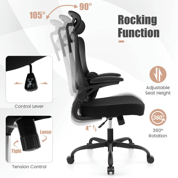 Hommoo Mesh Office Chair with Adaptive Lumbar Support Flip-up Armrests Reclining Backrest-Black, Home Office Computer Image 3