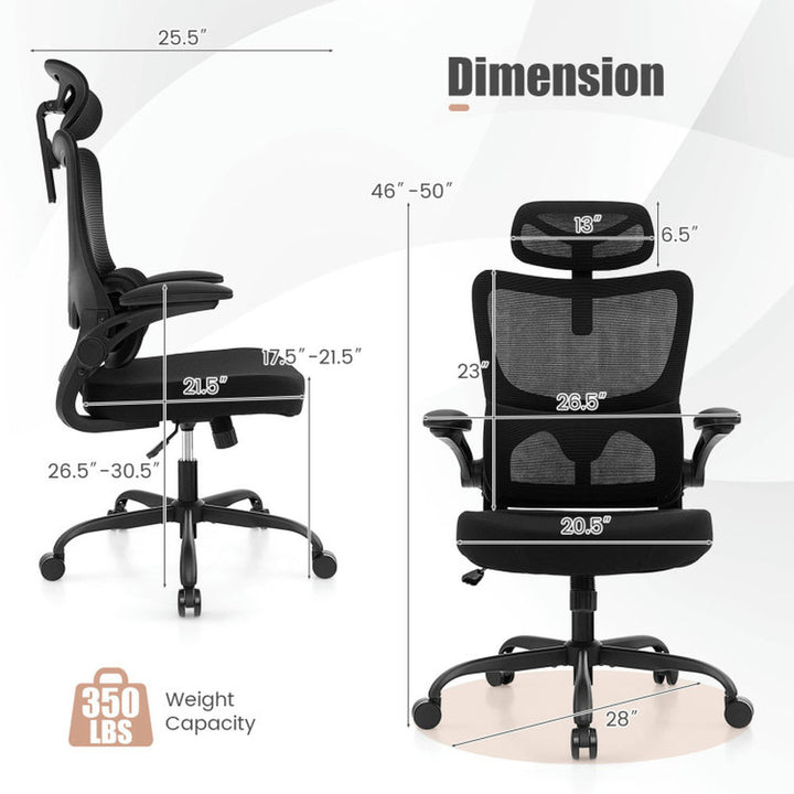 Hommoo Mesh Office Chair with Adaptive Lumbar Support Flip-up Armrests Reclining Backrest-Black, Home Office Computer Image 4