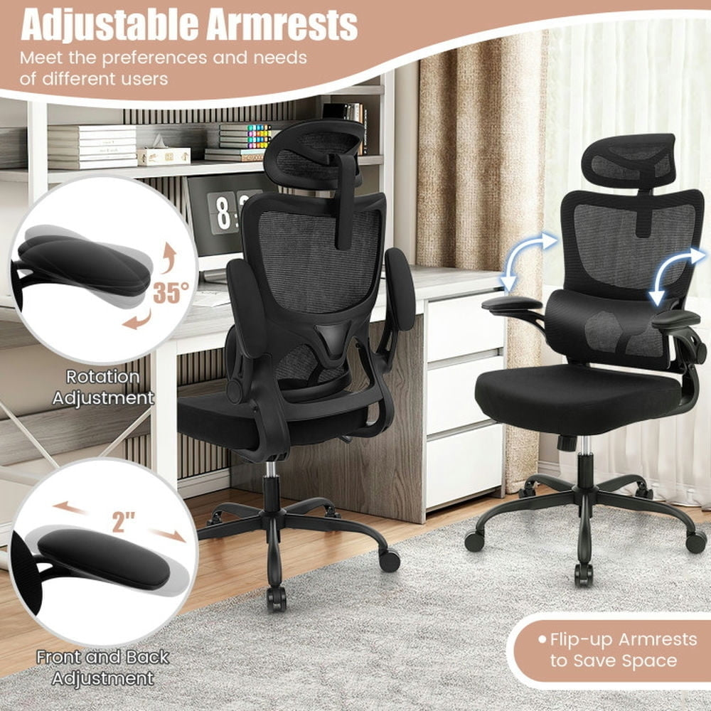 Hommoo Mesh Office Chair with Adaptive Lumbar Support Flip-up Armrests Reclining Backrest-Black, Home Office Computer Image 6