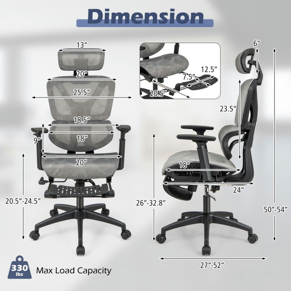 Hommoo Mesh Office Chair with Tilting Backrest and Retractable Footrest-Gray, Home Office Computer Desk Chair Image 2