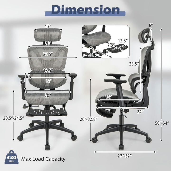 Hommoo Mesh Office Chair with Tilting Backrest and Retractable Footrest-Gray, Home Office Computer Desk Chair Image 2