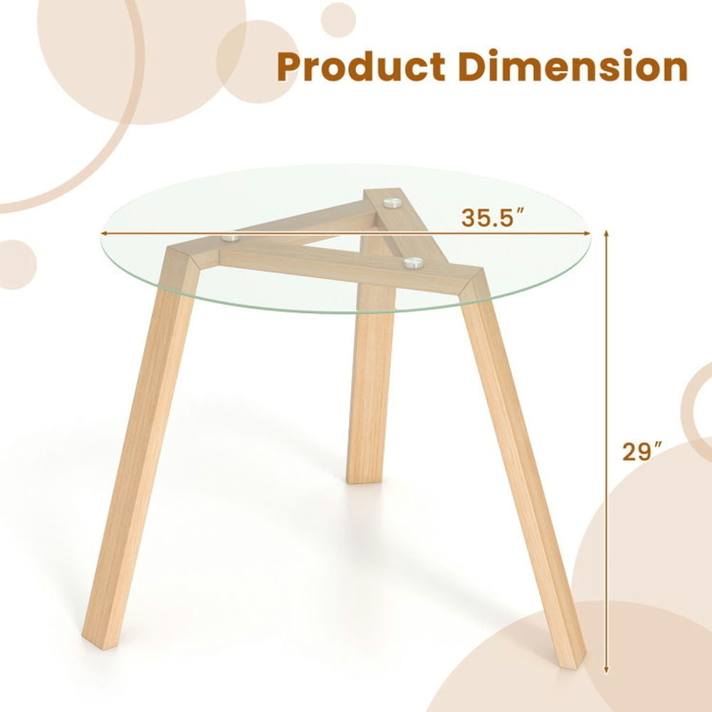 Hommoo Dining Table,Dinner Table, 35.5 Inches Round Glass Dining Table for 4 with Rubber Wood Frame-Natural Image 5