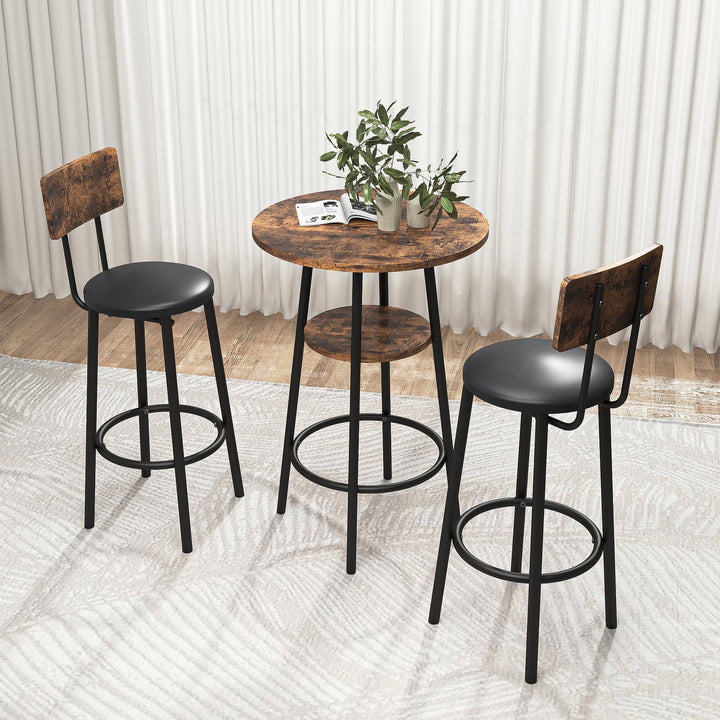 Hommoo 3-Piece Round Bistro Pub Dining Bar Table Set for 2 PU Upholstered Stools with Backrest, Rustic Brown Image 1