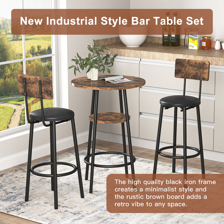 Hommoo 3-Piece Round Bistro Pub Dining Bar Table Set for 2 PU Upholstered Stools with Backrest, Rustic Brown Image 3