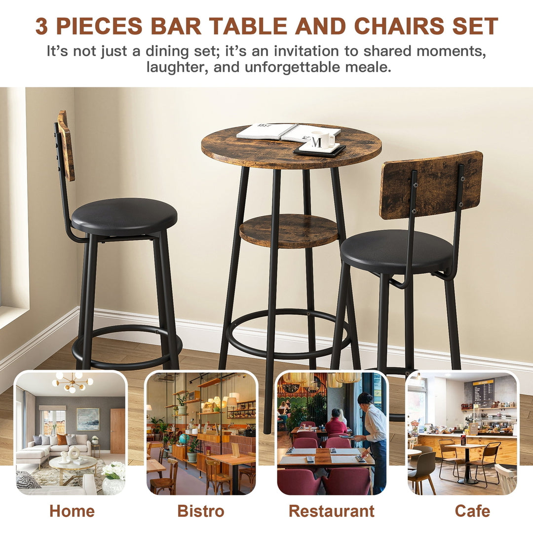 Hommoo 3-Piece Round Bistro Pub Dining Bar Table Set for 2 PU Upholstered Stools with Backrest, Rustic Brown Image 4