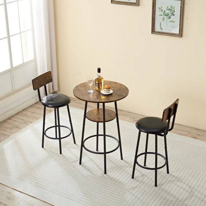 Hommoo 3-Piece Round Bistro Pub Dining Bar Table Set for 2 PU Upholstered Stools with Backrest, Rustic Brown Image 5