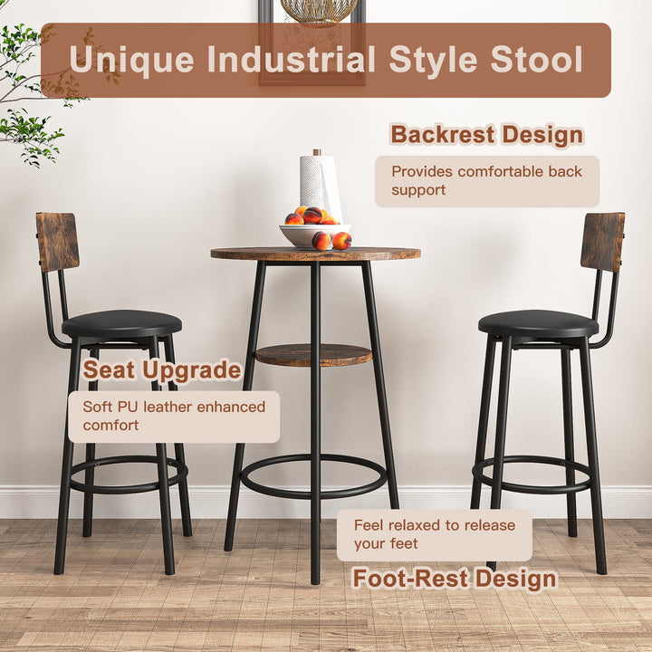 Hommoo 3-Piece Round Bistro Pub Dining Bar Table Set for 2 PU Upholstered Stools with Backrest, Rustic Brown Image 6