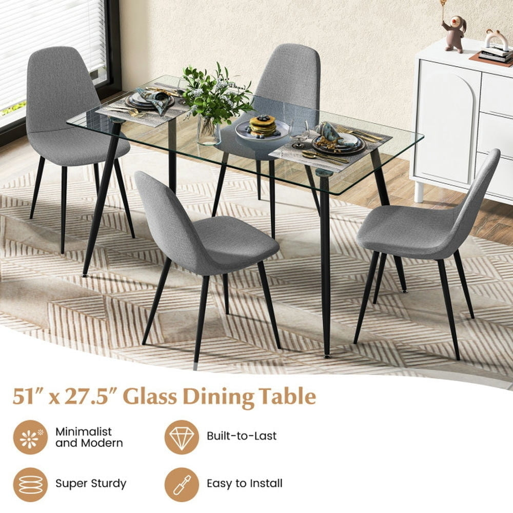 Hommoo Modern Glass Rectangular Dining Table with Metal Legs-Black, Kitchen Bar Height Table and Chairs for Dining Room Image 5