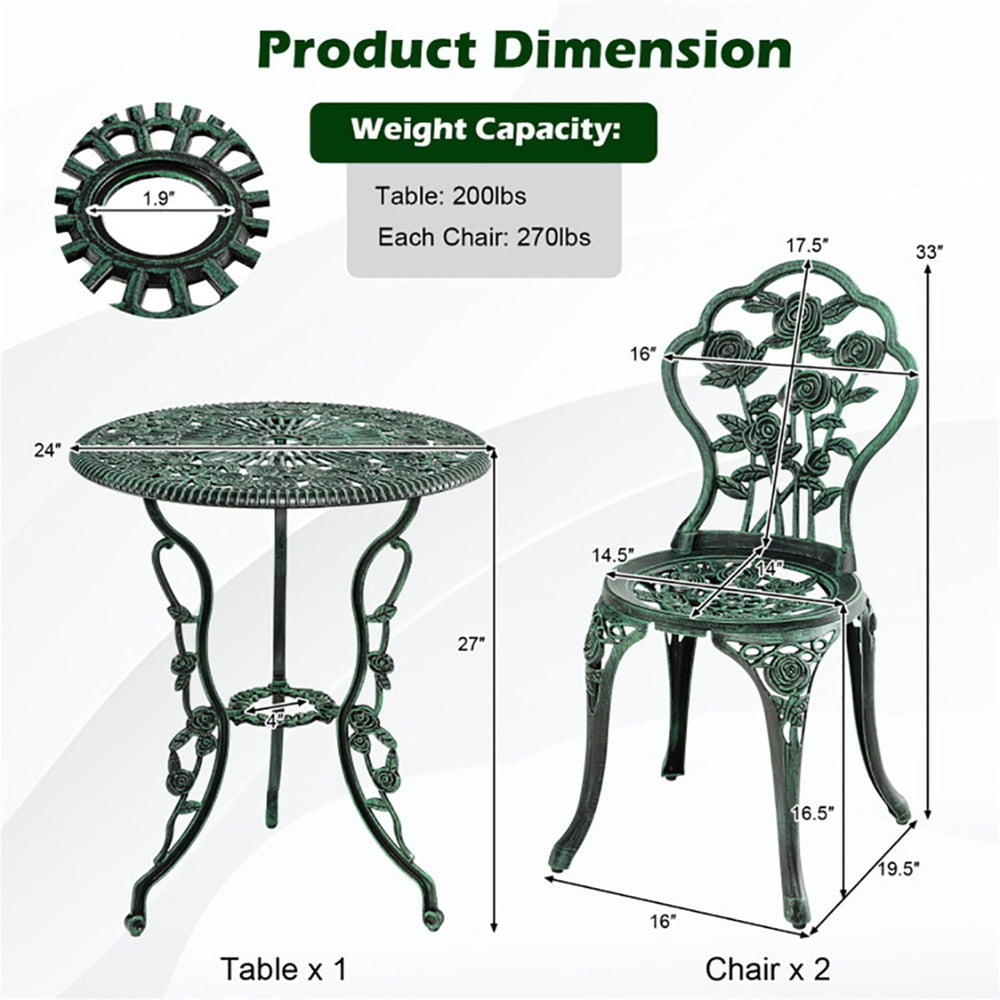 Hommoo Outdoor Cast Aluminum Dining Set for Patio or Deck, 3-Pcs Set, Rose Green Image 2