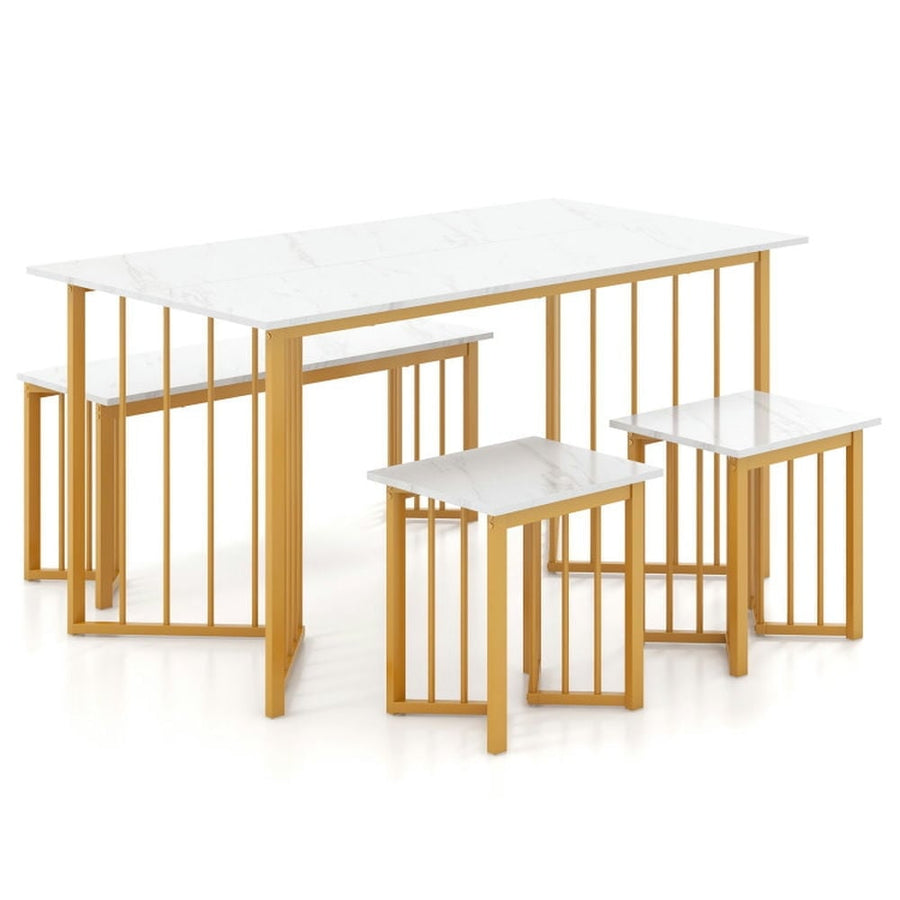 Hommoo Dining Table Set,Dinner Table Set,4 Piece Dining Table Set with Bench and 2 Stools-White Image 1