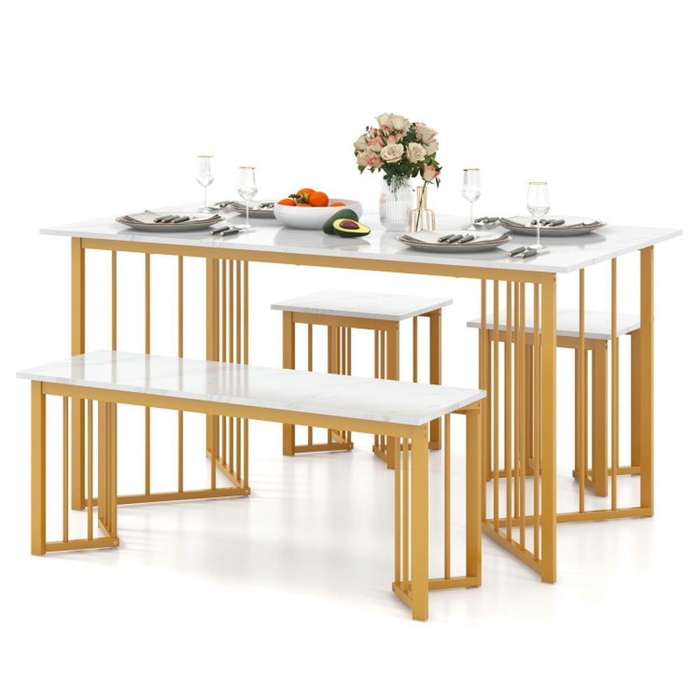 Hommoo Dining Table Set,Dinner Table Set,4 Piece Dining Table Set with Bench and 2 Stools-White Image 2