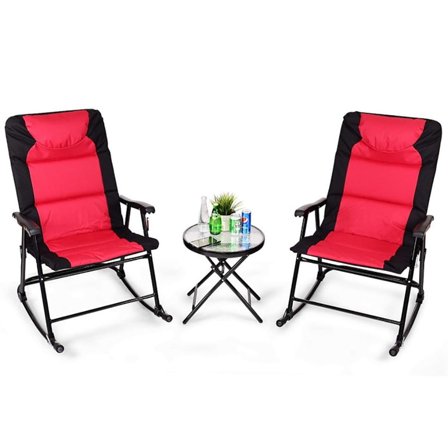 Hommoo Hommoo 3 Pieces Folding Rocking Chair Outdoor Side Table Set of 3 with Cushion, BlackandRed Image 1