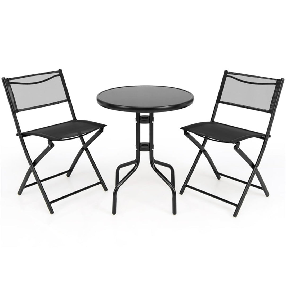 Hommoo Grand Patio Folding Bistro Furniture Set, 3 Piece Round Dining Table and Polyester Fabric Chairs Dark Gray Image 1