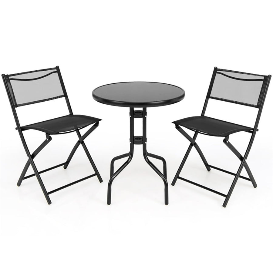 Hommoo Grand Patio Folding Bistro Furniture Set, 3 Piece Round Dining Table and Polyester Fabric Chairs Dark Gray Image 1