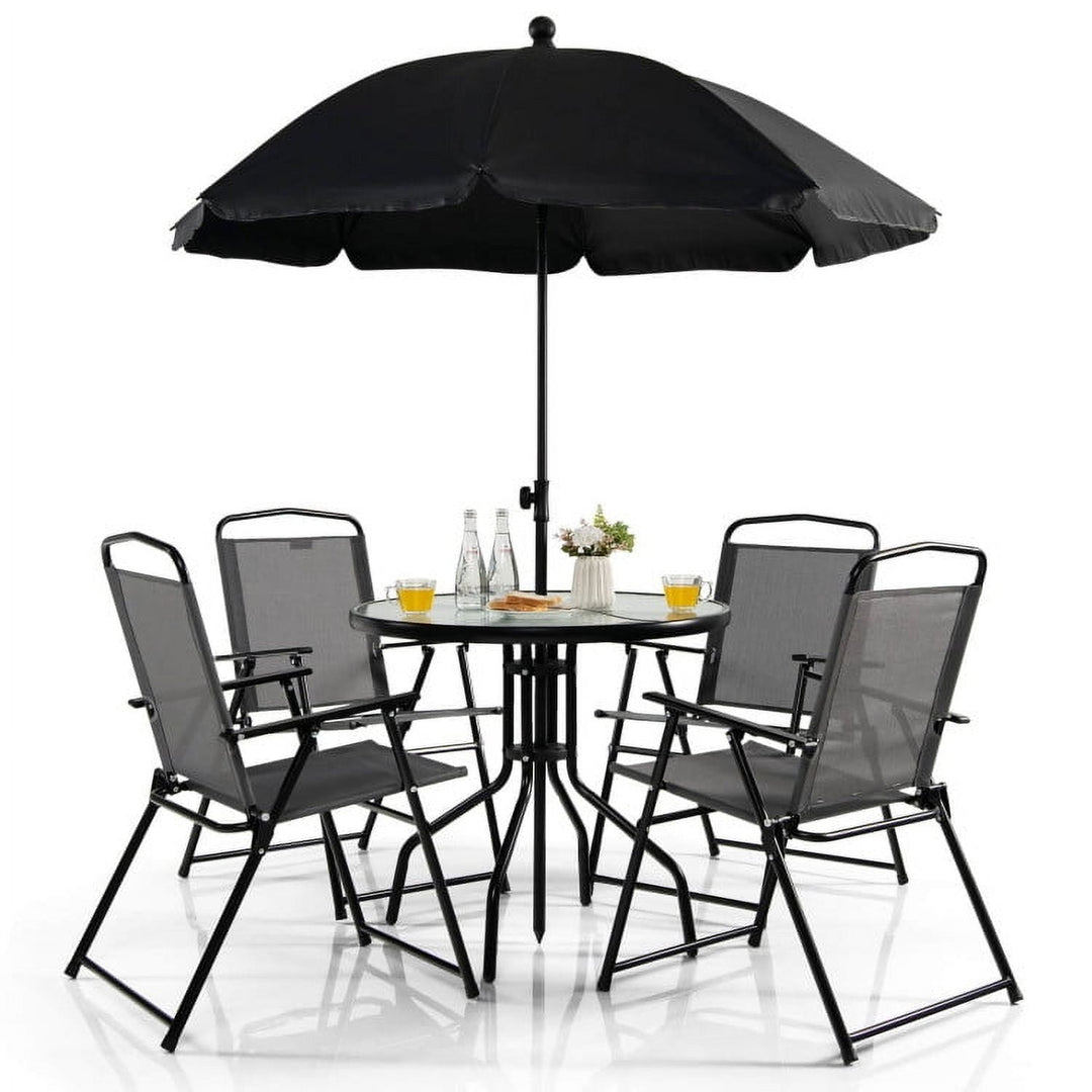 Hommoo 6 Pieces Patio Dining Set with Umbrella and Stackable Cushioned Chairs, Outdoor Dining Chair for Outside Patio Image 1