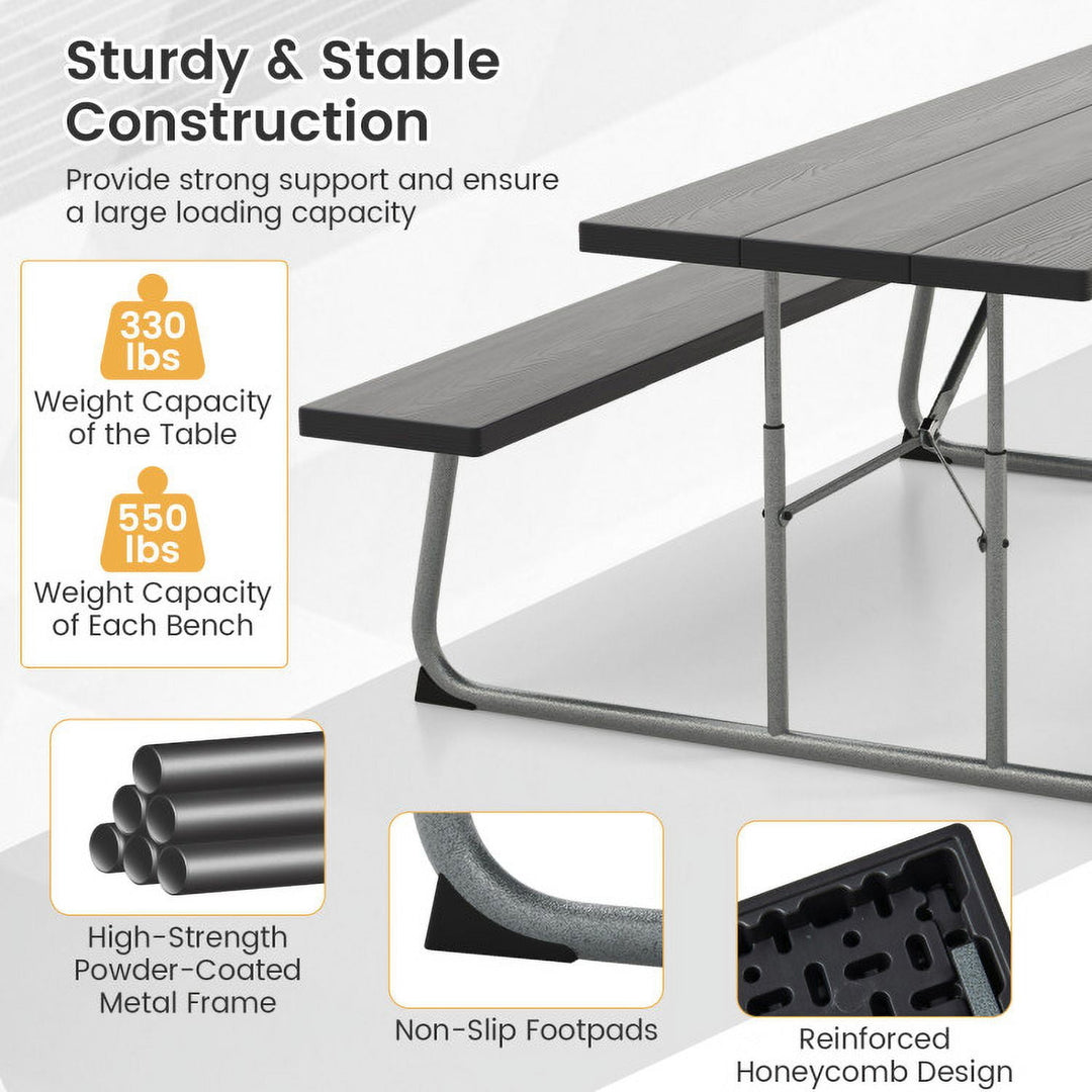 Hommoo Folding Picnic Table Set with Metal Frame and All-Weather HDPE Tabletop Umbrella Hole-Black, Outdoor Dining Chair Image 2