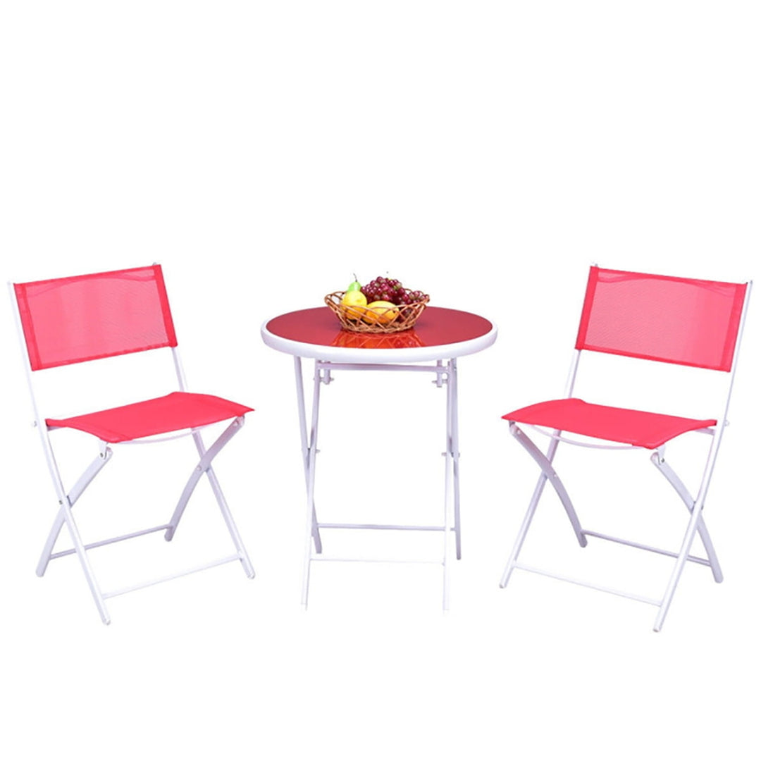 Hommoo Grand Patio Folding Bistro Furniture Set, 3 Piece Round Dining Table and Polyester Fabric Chairs Red Image 1