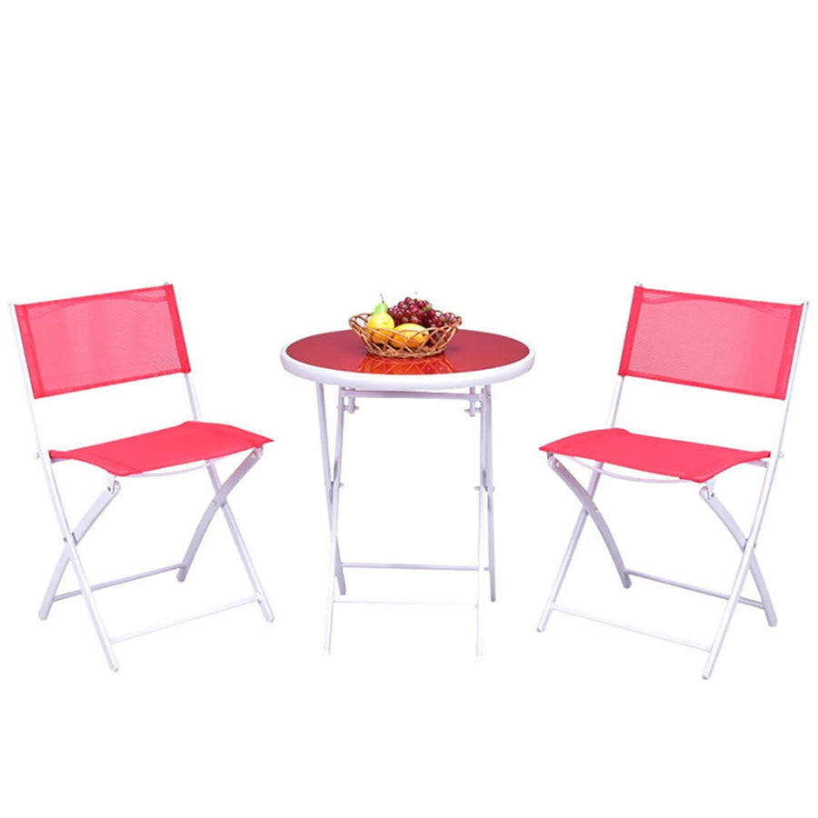 Hommoo Grand Patio Folding Bistro Furniture Set, 3 Piece Round Dining Table and Polyester Fabric Chairs Red Image 1