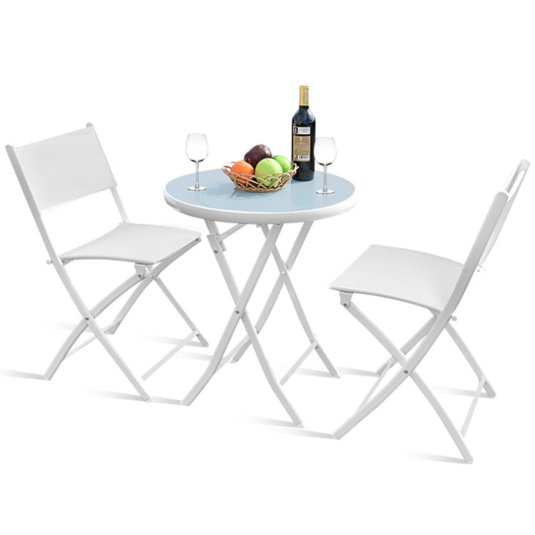 Hommoo Grand Patio Folding Bistro Furniture Set, 3 Piece Round Dining Table and Polyester Fabric Chairs WHITE Image 1