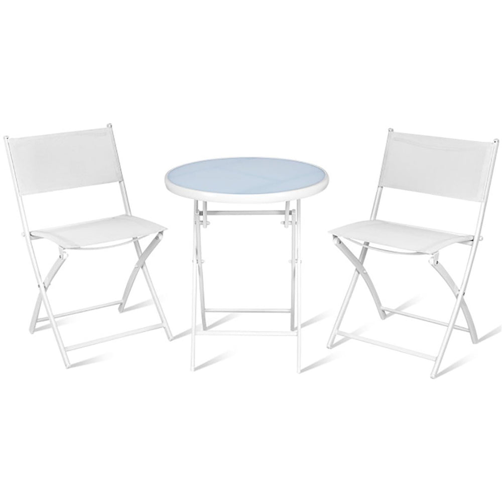 Hommoo Grand Patio Folding Bistro Furniture Set, 3 Piece Round Dining Table and Polyester Fabric Chairs WHITE Image 2