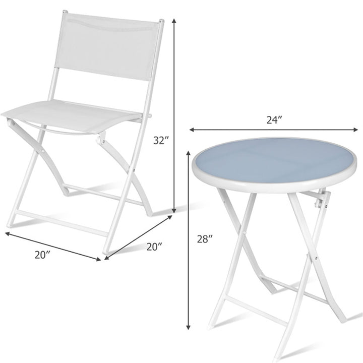 Hommoo Grand Patio Folding Bistro Furniture Set, 3 Piece Round Dining Table and Polyester Fabric Chairs WHITE Image 3