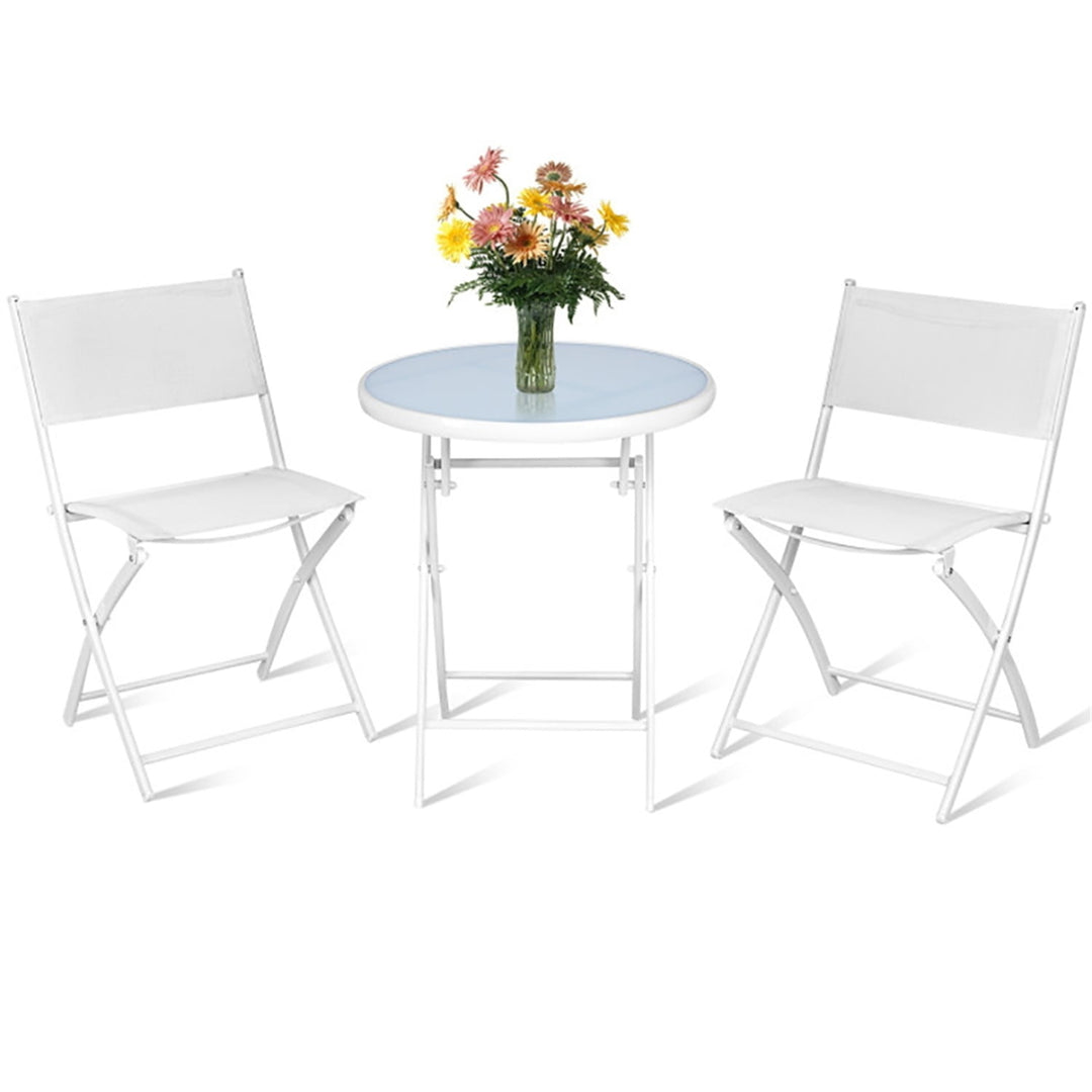 Hommoo Grand Patio Folding Bistro Furniture Set, 3 Piece Round Dining Table and Polyester Fabric Chairs WHITE Image 4