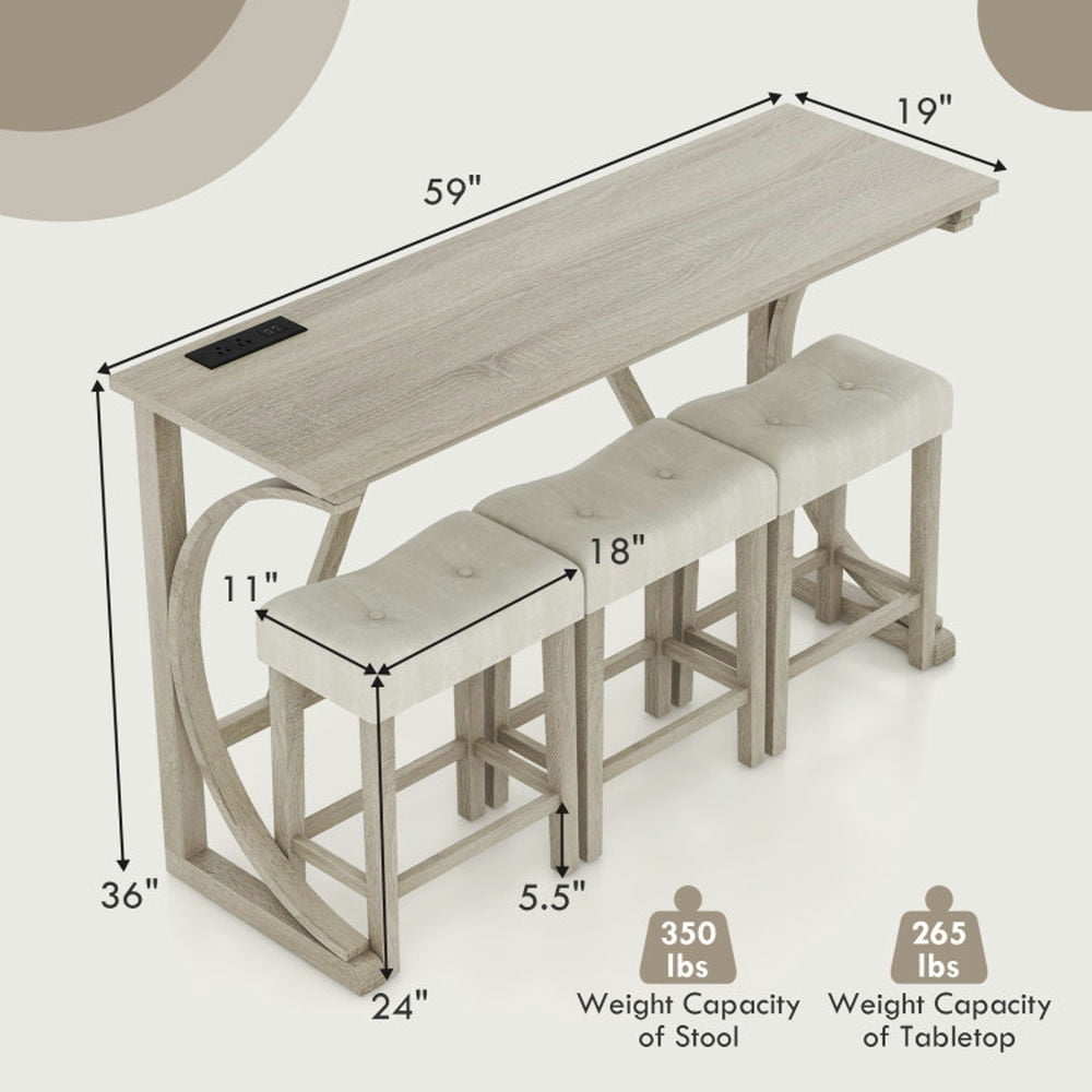 Hommoo Dining Table Set,Dinner Table Set,4-Piece Bar Table Set with Power Outlet and Upholstered Saddle Seat Stools-Grey Image 3