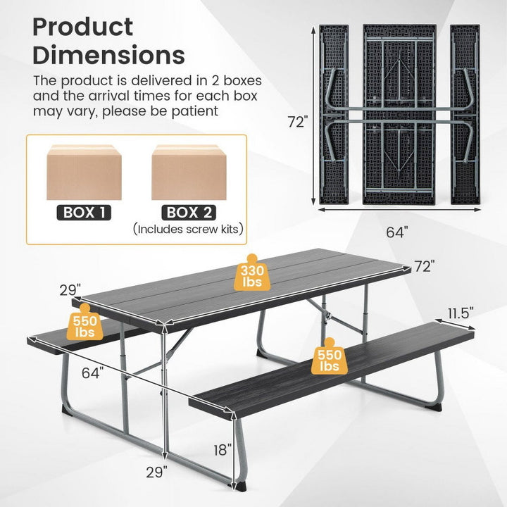 Hommoo Folding Picnic Table Set with Metal Frame and All-Weather HDPE Tabletop Umbrella Hole-Black, Outdoor Dining Chair Image 5