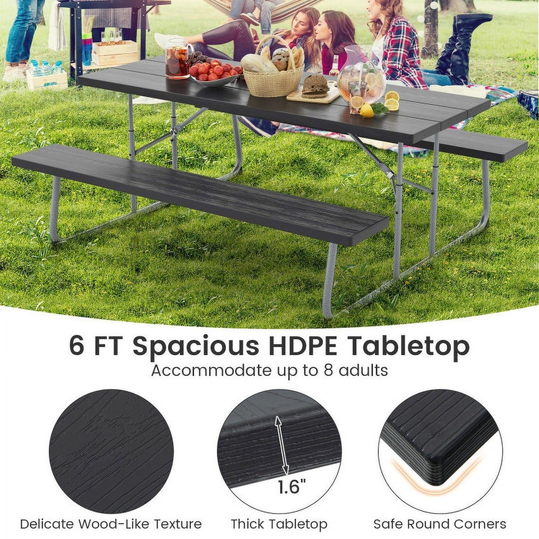 Hommoo Folding Picnic Table Set with Metal Frame and All-Weather HDPE Tabletop Umbrella Hole-Black, Outdoor Dining Chair Image 6