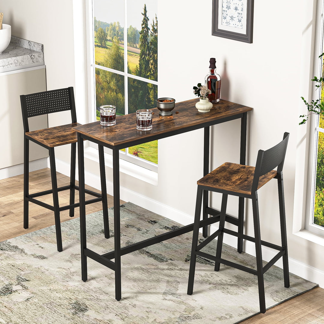 Hommoo Bar Table and Chairs Set with 2 Chairs, Kitchen Dining Room Table Iron Frame Stools Rustic Brown Image 1